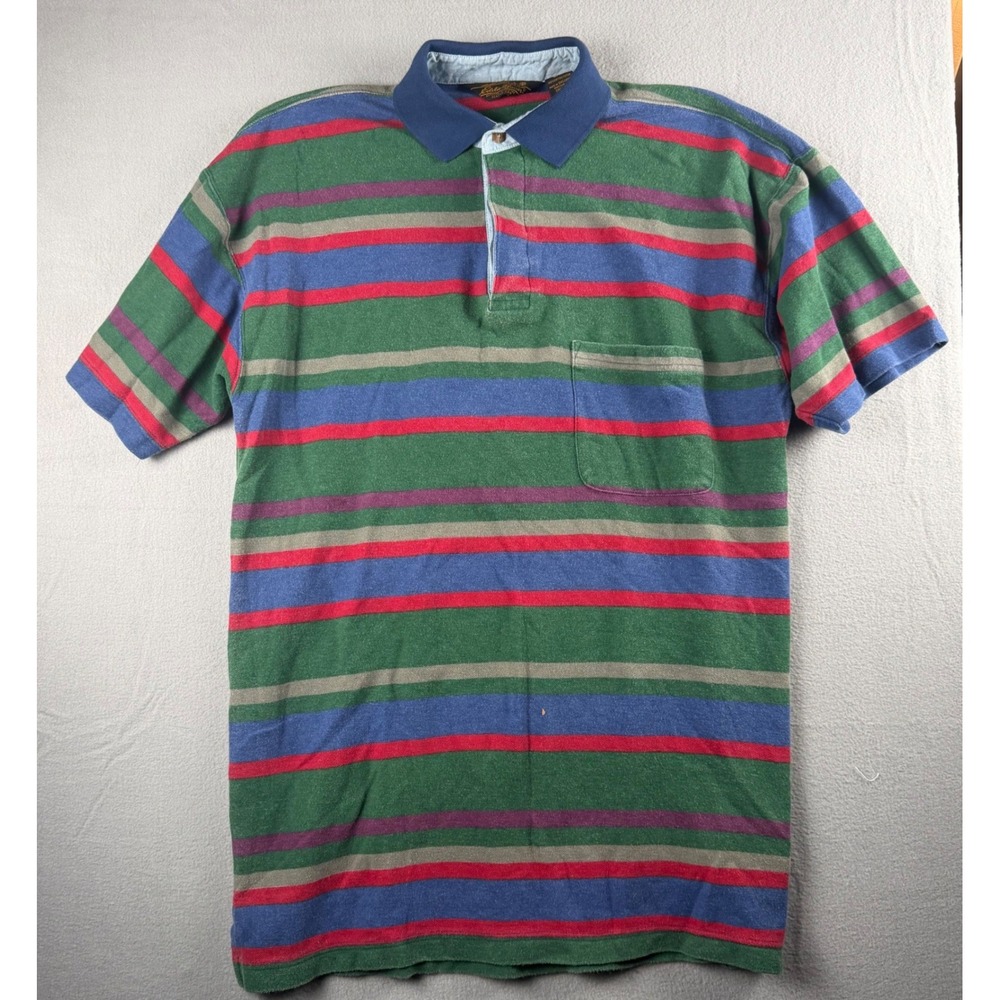 Eddie Bauer Vintage 90's Mens Medium Striped Pique Polo Shirt Short Sleeve Multi